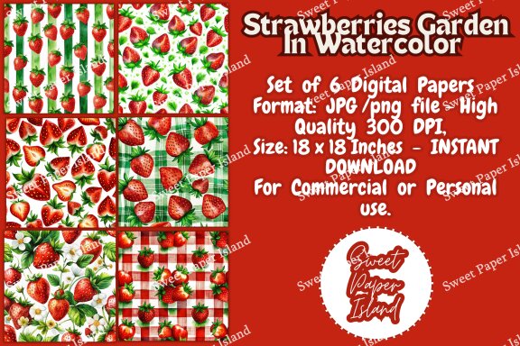 Pack Of 6 Digital Papers - Strawberries Garden In Watercolor