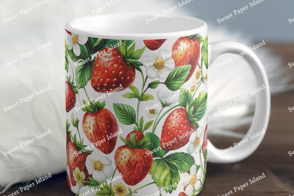 Pack Of 6 Digital Papers - Strawberries Garden In Watercolor