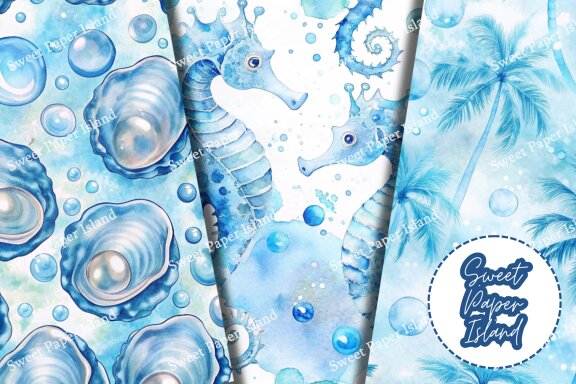 Pack Of 6 Digital Papers - Summer Vibes Beach In Watercolor