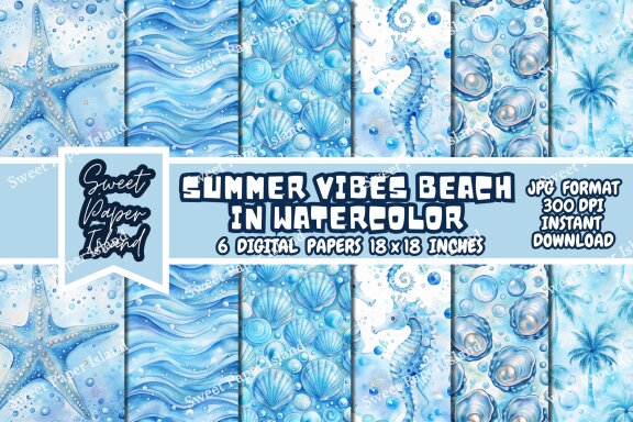 Pack Of 6 Digital Papers - Summer Vibes Beach In Watercolor