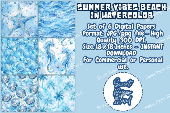 Pack Of 6 Digital Papers - Summer Vibes Beach In Watercolor