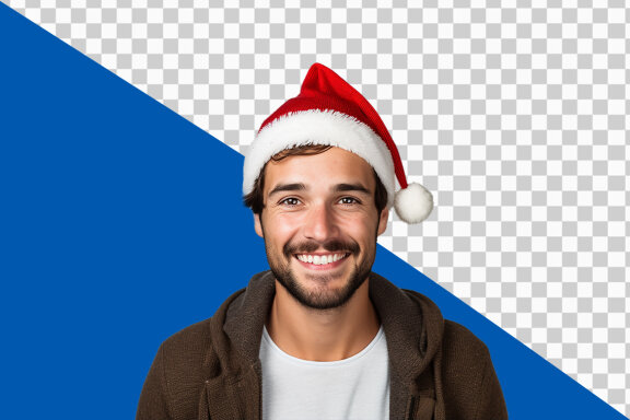 Portrait of happy pretty young boy in charismas cap and dress on transparent background 