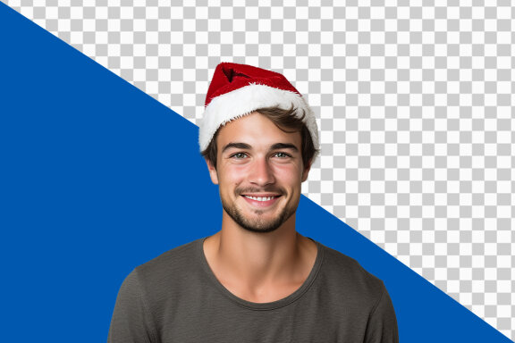 Portrait of happy pretty young boy in charismas cap and dress on transparent background 