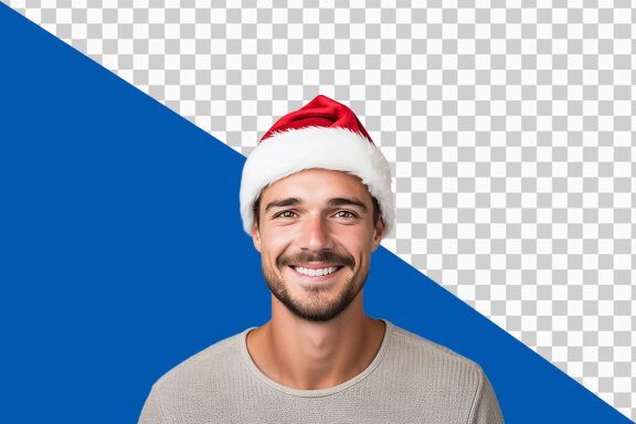 Portrait of happy pretty young boy in charismas cap and dress on transparent background 