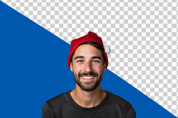 Portrait of happy pretty young boy in charismas cap and dress on transparent background 
