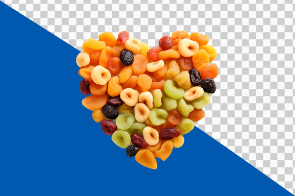 Fresh dried fruits and nuts in heart shape on transparent background PNG image