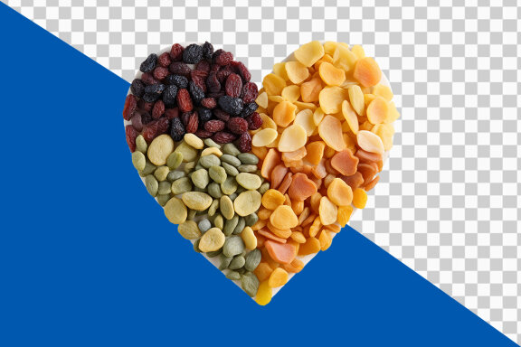 Fresh dried fruits and nuts in heart shape on transparent background PNG image