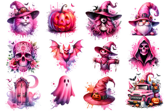 Watercolor Halloween Pink Sublimation Clipart PNG Bundle