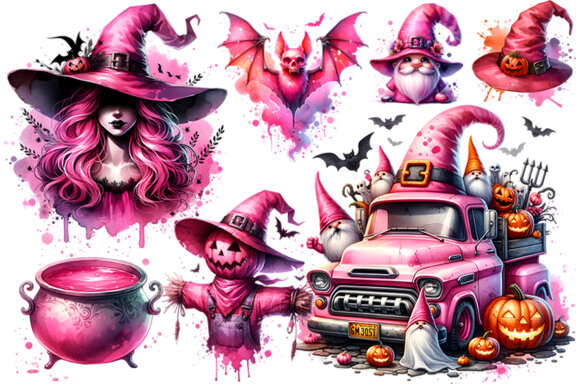Watercolor Halloween Pink Sublimation Clipart PNG Bundle