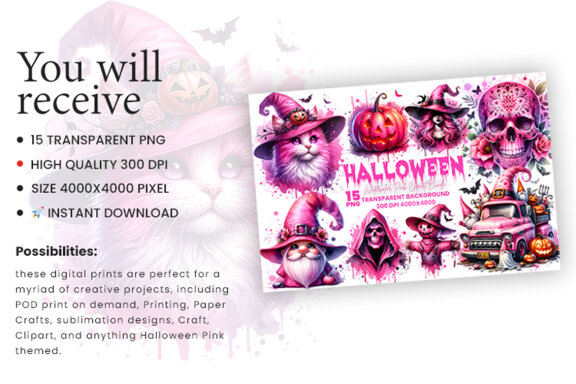Watercolor Halloween Pink Sublimation Clipart PNG Bundle