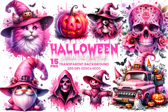 Watercolor Halloween Pink Sublimation Clipart PNG Bundle