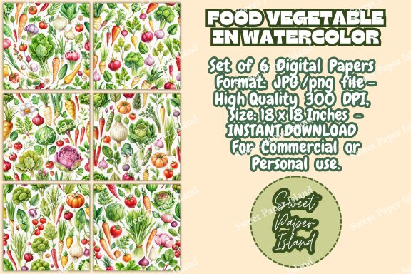 6 FREE Digital Papers - Food Vegetable In Watercolor