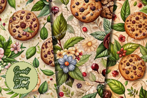 Pack Of 6 Digital Papers - Chocolate Chip Cookie Garden In Watercolors