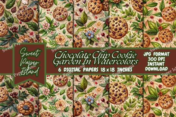 Pack Of 6 Digital Papers - Chocolate Chip Cookie Garden In Watercolors