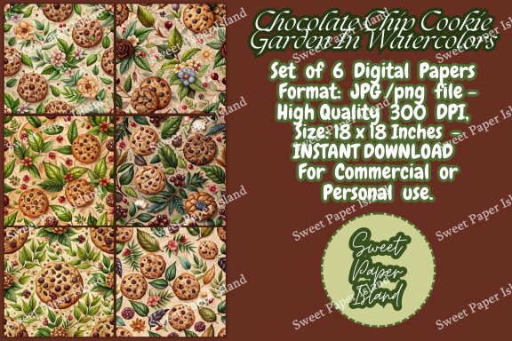 Pack Of 6 Digital Papers - Chocolate Chip Cookie Garden In Watercolors