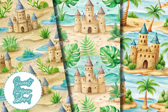Pack Of 6 Digital Papers - Summer And Sand Castles In Watercolor