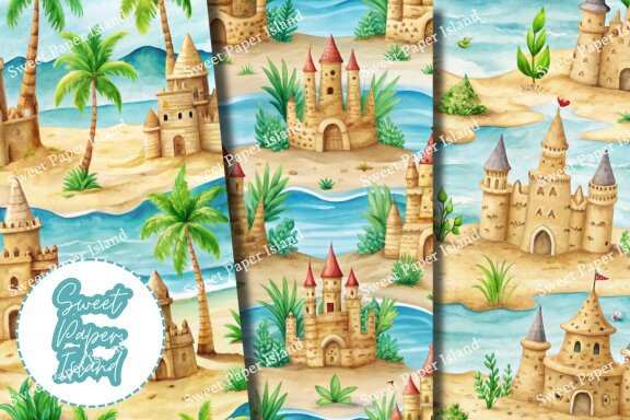 Pack Of 6 Digital Papers - Summer And Sand Castles In Watercolor