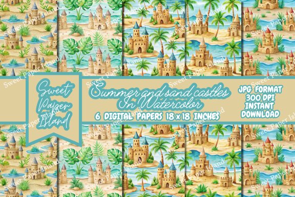 Pack Of 6 Digital Papers - Summer And Sand Castles In Watercolor