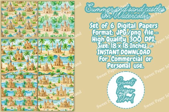 Pack Of 6 Digital Papers - Summer And Sand Castles In Watercolor