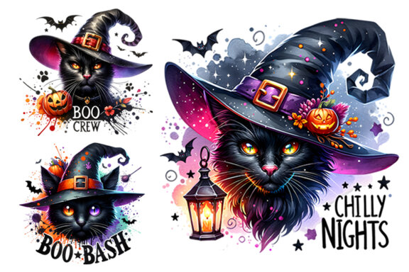 Watercolor Halloween Fall Theme Spooky Black Cat Witch Sublimation Clipart PNG Bundle