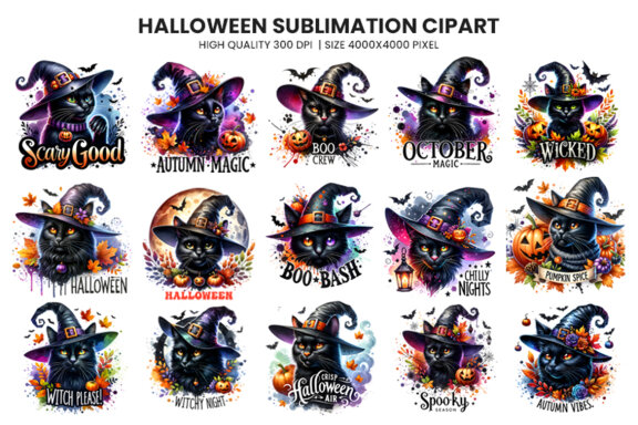 Watercolor Halloween Fall Theme Spooky Black Cat Witch Sublimation Clipart PNG Bundle