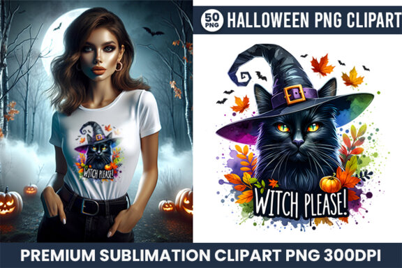 Watercolor Halloween Fall Theme Spooky Black Cat Witch Sublimation Clipart PNG Bundle