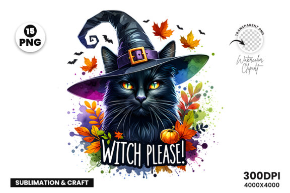 Watercolor Halloween Fall Theme Spooky Black Cat Witch Sublimation Clipart PNG Bundle