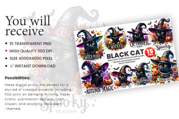 Watercolor Halloween Fall Theme Spooky Black Cat Witch Sublimation Clipart PNG Bundle