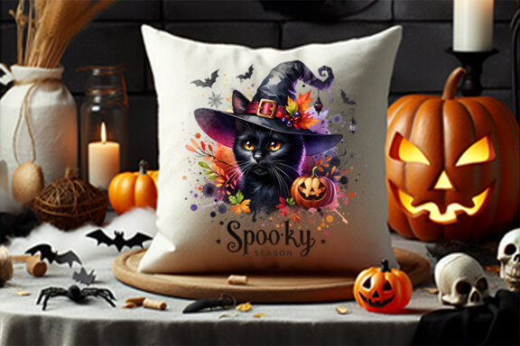 Watercolor Halloween Fall Theme Spooky Black Cat Witch Sublimation Clipart PNG Bundle