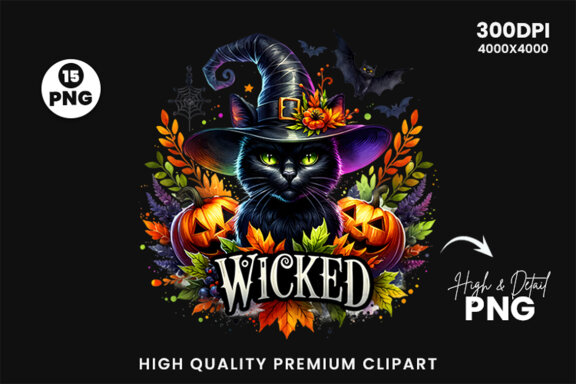 Watercolor Halloween Fall Theme Spooky Black Cat Witch Sublimation Clipart PNG Bundle