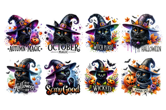 Watercolor Halloween Fall Theme Spooky Black Cat Witch Sublimation Clipart PNG Bundle