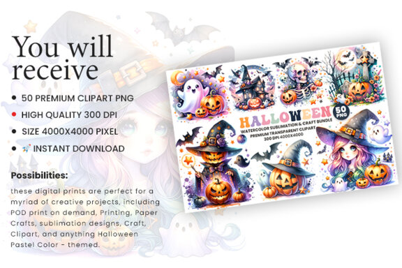 Watercolor Halloween Season Sublimation Clipart Bundle