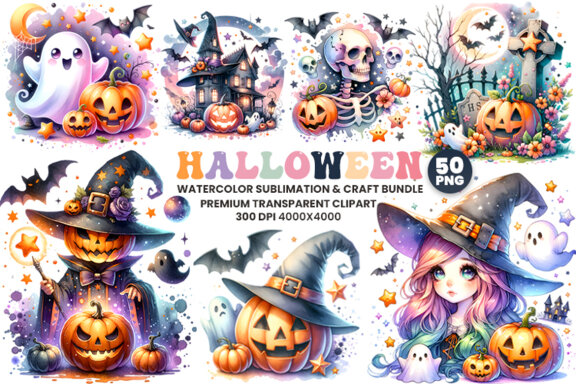 Watercolor Halloween Season Sublimation Clipart Bundle