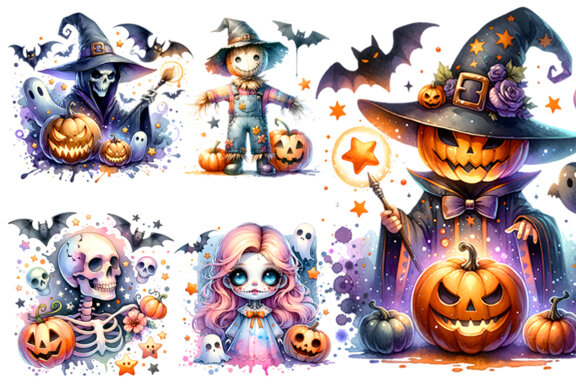 Watercolor Halloween Season Sublimation Clipart Bundle
