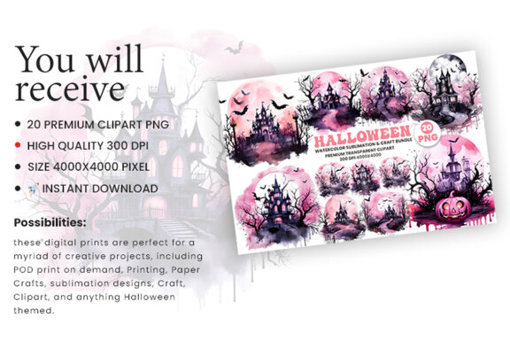 Watercolor Halloween Pink Dark Scary Night Sublimation Clipart PNG Bundle