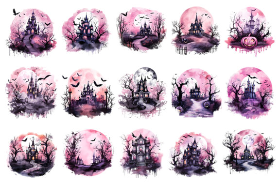 Watercolor Halloween Pink Dark Scary Night Sublimation Clipart PNG Bundle