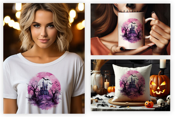 Watercolor Halloween Pink Dark Scary Night Sublimation Clipart PNG Bundle