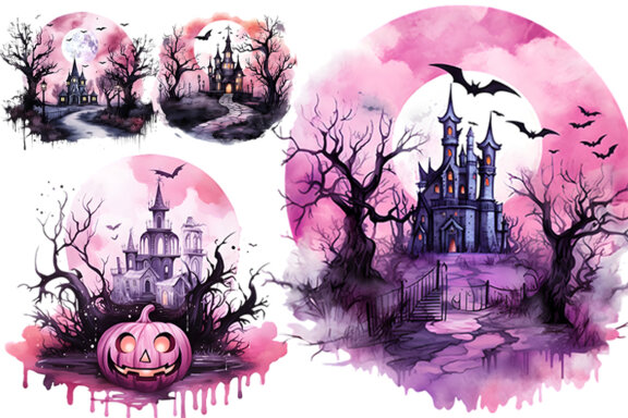 Watercolor Halloween Pink Dark Scary Night Sublimation Clipart PNG Bundle