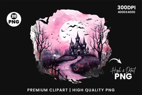 Watercolor Halloween Pink Dark Scary Night Sublimation Clipart PNG Bundle