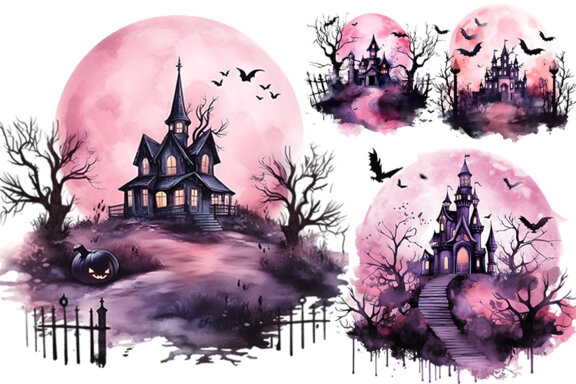 Watercolor Halloween Pink Dark Scary Night Sublimation Clipart PNG Bundle