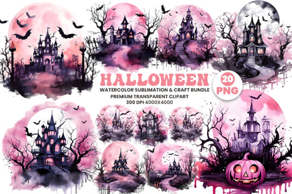 Watercolor Halloween Pink Dark Scary Night Sublimation Clipart PNG Bundle