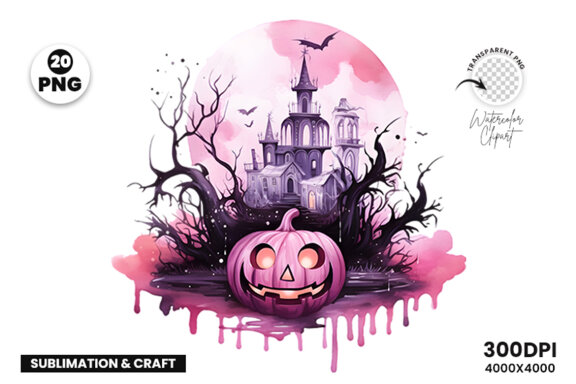 Watercolor Halloween Pink Dark Scary Night Sublimation Clipart PNG Bundle