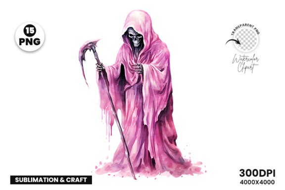 Halloween Watercolor Pink Grim Reaper Sublimation Clipart PNG Bundle