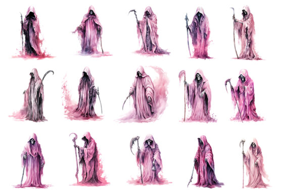 Halloween Watercolor Pink Grim Reaper Sublimation Clipart PNG Bundle