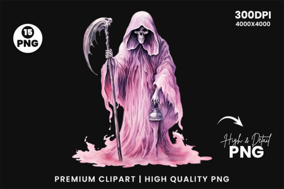 Halloween Watercolor Pink Grim Reaper Sublimation Clipart PNG Bundle