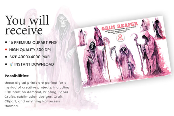 Halloween Watercolor Pink Grim Reaper Sublimation Clipart PNG Bundle