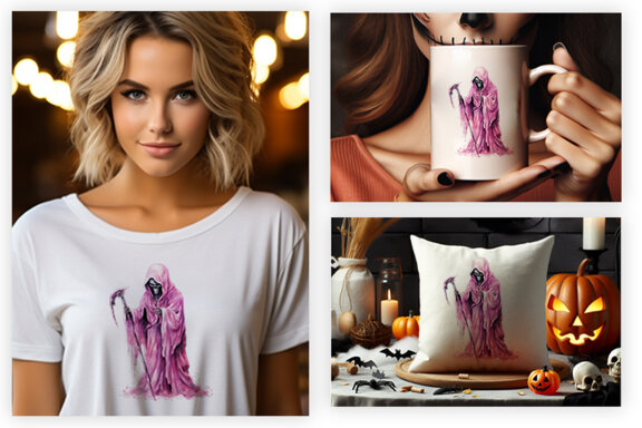 Halloween Watercolor Pink Grim Reaper Sublimation Clipart PNG Bundle