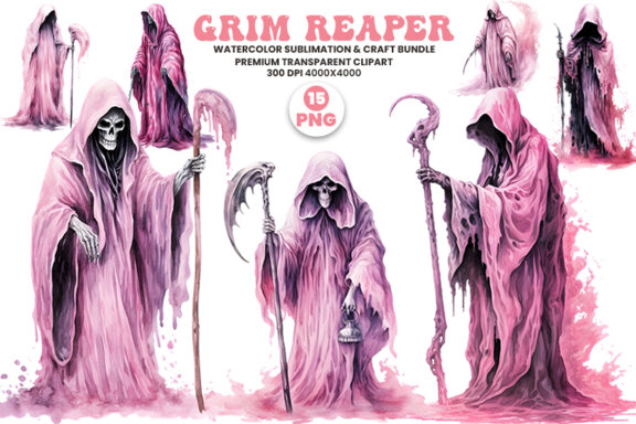 Halloween Watercolor Pink Grim Reaper Sublimation Clipart PNG Bundle