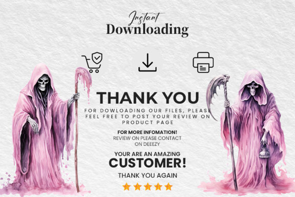 Halloween Watercolor Pink Grim Reaper Sublimation Clipart PNG Bundle