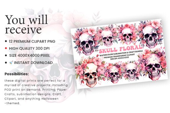 Halloween Watercolor Pink Skull with floral Sublimation Clipart PNG Bundle
